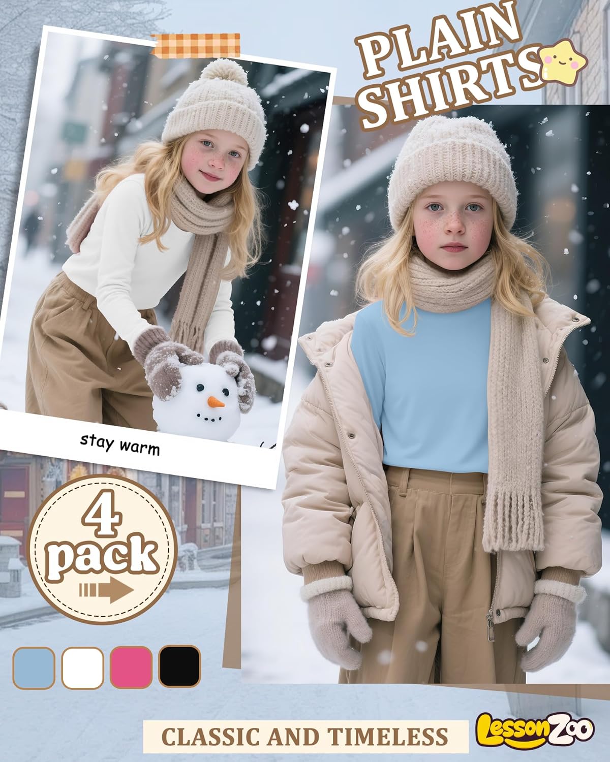 4 Pack Girls Long Sleeve Shirts Kids Thermal Basic Tops Fleece Lined Crewneck Trendy Fall Layering Tees 5-14 Years - Image 2