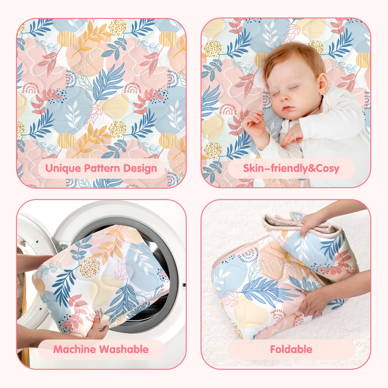 Baby Play Mats for Floor,127x127cm Foldable Playmat,Thick Machine Washable Playpen Mat Pad,Soft Non-Slip Activity Mat for Crawling & Tummy Time,Boho Leaf - Image 4