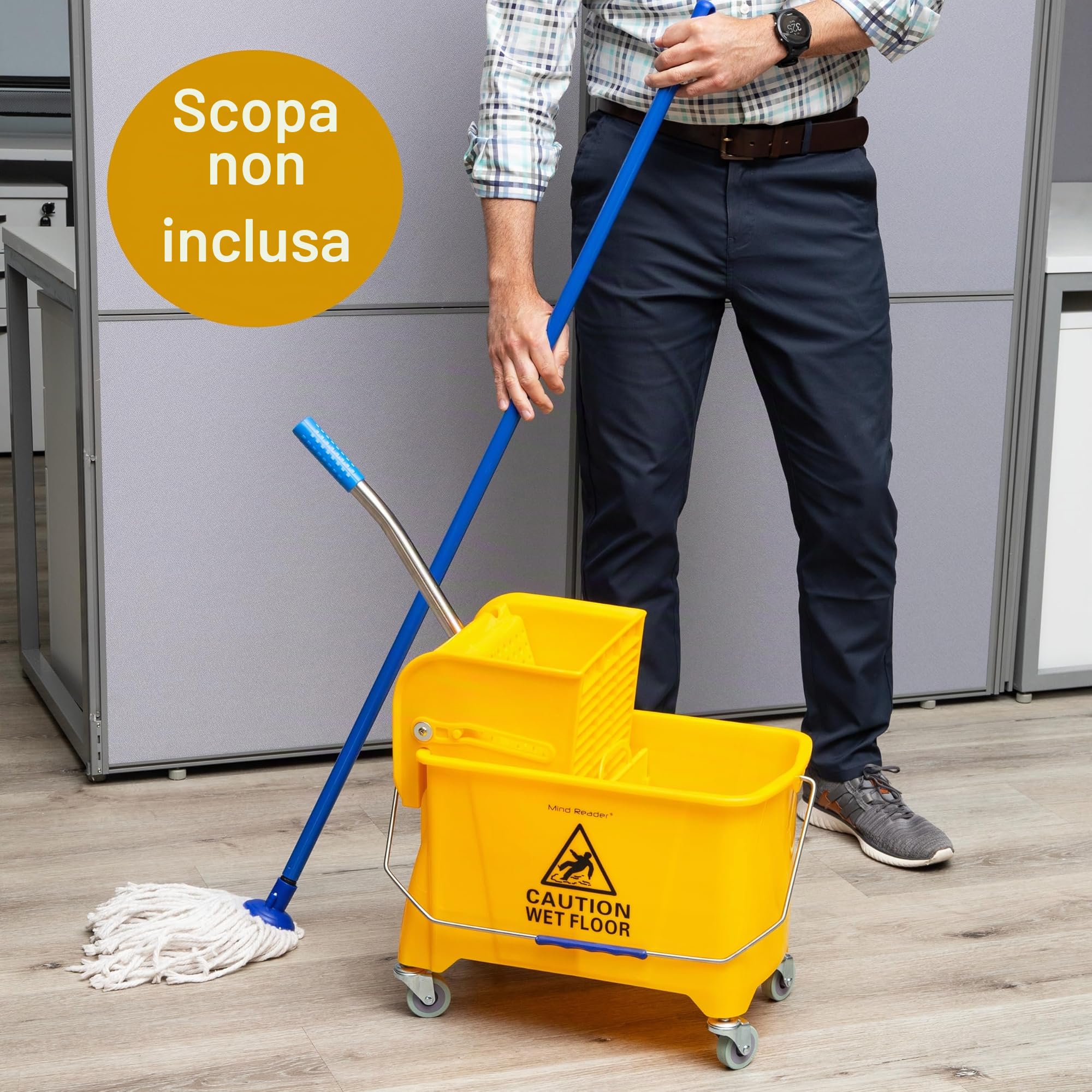 Mind Reader Secchio mobile per mocio resistente con strizzatore verso l'alto, capacità 22 litri, 41 cm di lunghezza x 27 cm di larghezza x 61 cm di altezza, giallo