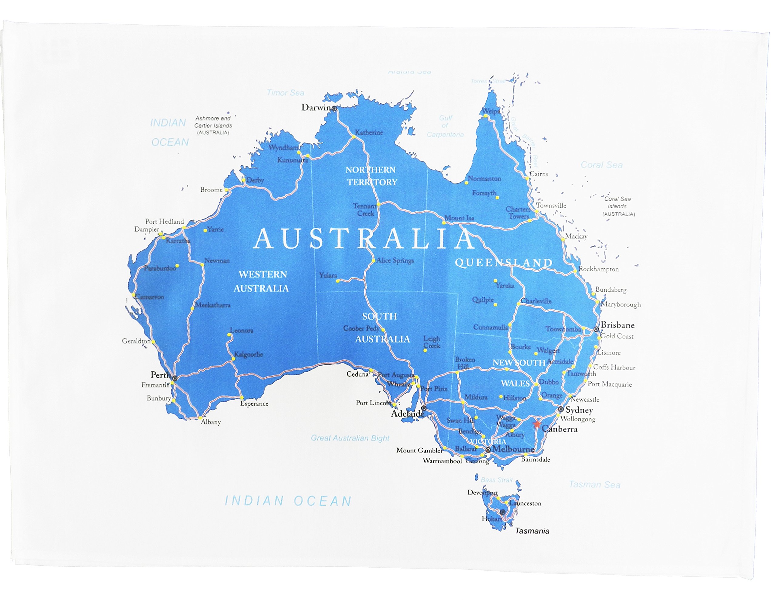 Half A Donkey White Map Of Australia Showing The States, Main Cities And Roads - Large Cotton Tea Towel