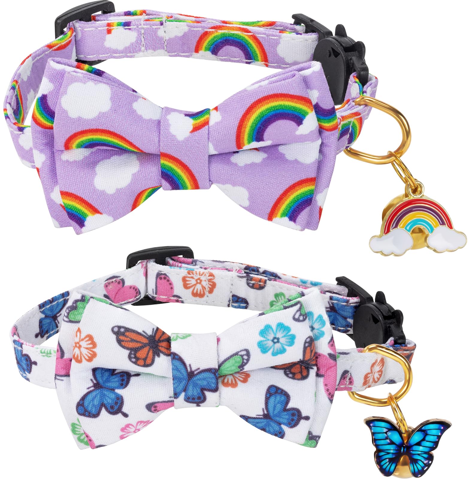 Breakaway Cat Collar with Cute Bow Tie Bell 2Pack Rainbow Butterfly Pattern for Male Female Soft Cotton Kitty Kitten Collar Cute Summer Collars Ideal