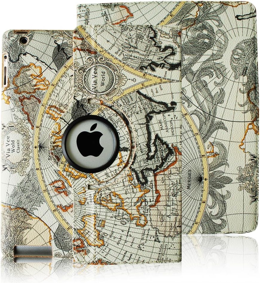 FINTIE (Map Design) 360 Degrees Rotating Stand Smart Cover PU Leather Case for Apple iPad 4th Generation Retina Display / the new iPad 3 / iPad 2 (Wake/sleep Function)