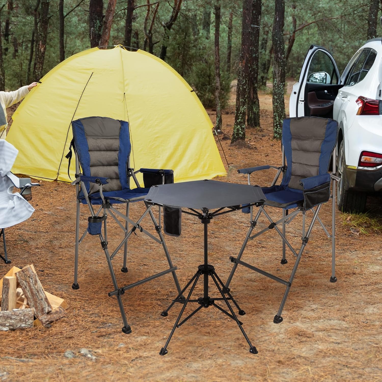 Extra Tall Folding Chairs & Adjustable Height Folding Table Set, Portable Outdoor Bar Table & Foldable Director Chairs with High Back and Storage Bag for Backyard,Beach,Travel