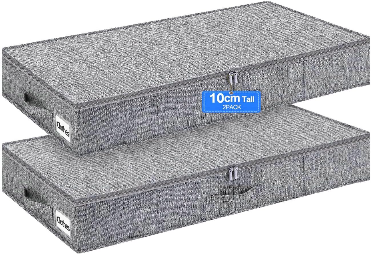 10 cm Tall Slim Under Bed & Sofa Storage Box with Zipped Lid, Low Profile Fabric Organiser with Rigid Sides and Base for Clothes, Duvets and Bedding, 2 Pack, Grey
