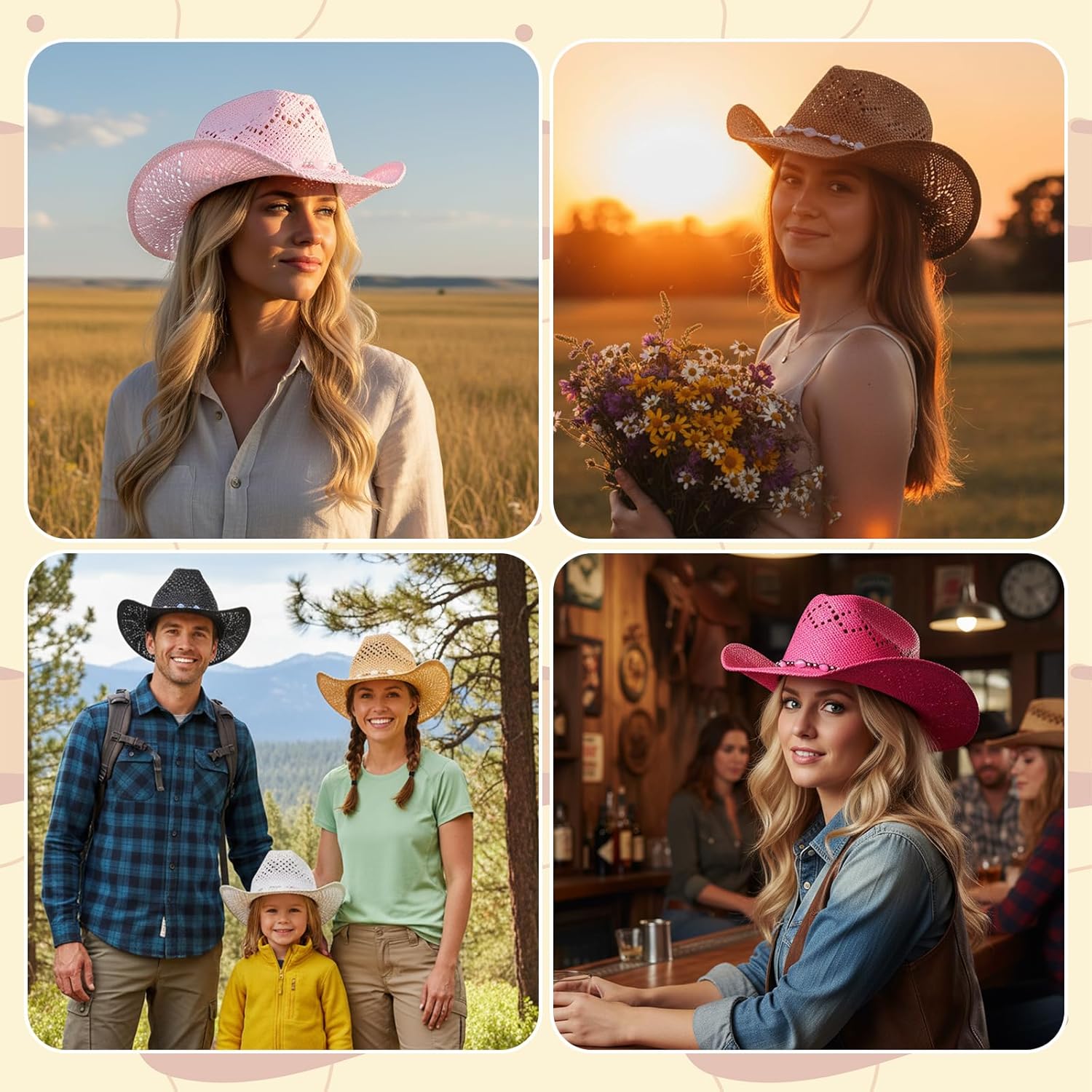 6 Piece Straw Cowboy Hats for Women Men Cowboy Hat Bundle Shapeable Brim Western Style Multicolor for Party Beach Outings Outdoor Garden Activities Party Western Themed Events - Image 2