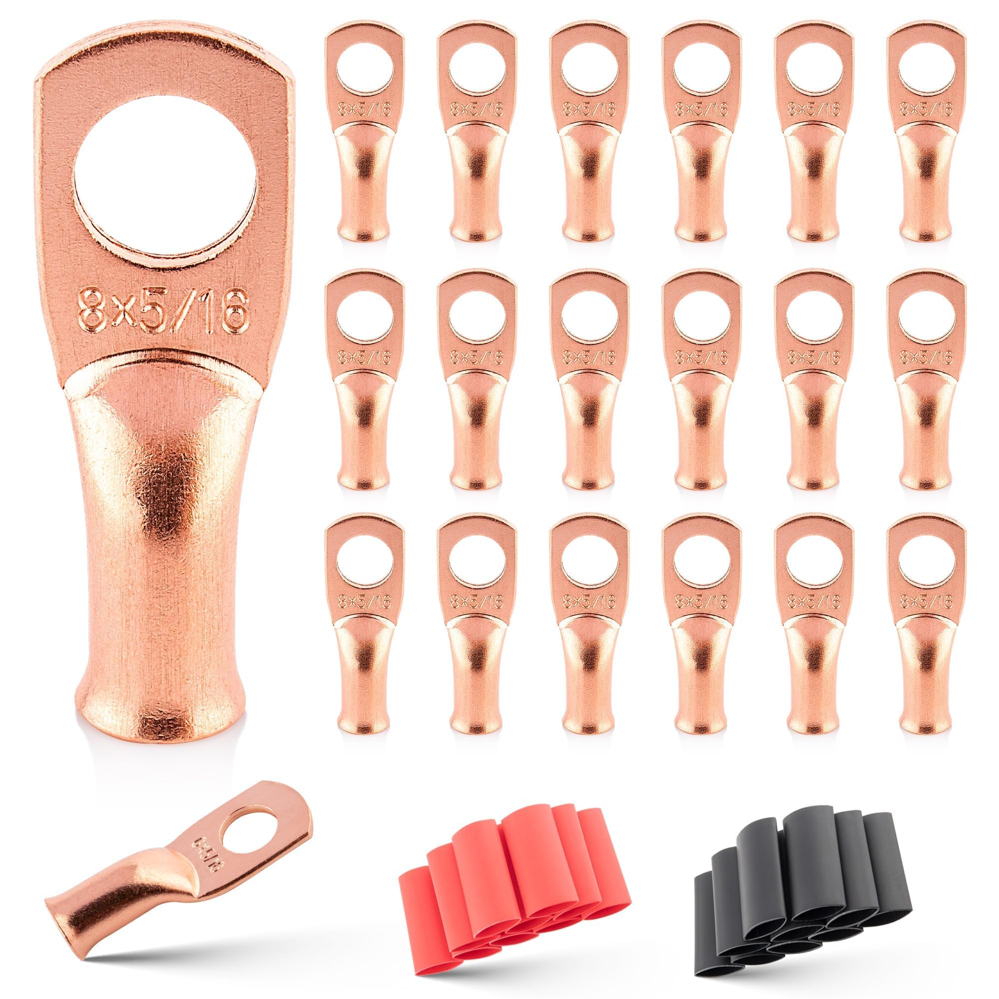 RED WOLF 20PCS 8 AWG-5/16 Battery Lugs W/3:1 Heat Shrink Tubing, Battery Cable Ends, Heavy Duty Copper Wire Lugs, Tubular Ring Terminals, 8 AWG Crimp Wire Ring Lugs for Automotive Electrical
