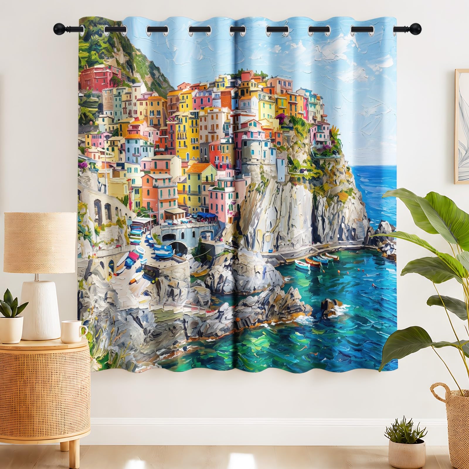 Generisch Tende oscuranti a olio mediterraneo, stile costiero, termiche, protezione dal calore, oscuranti, 132 x 160 cm (larghezza x altezza), per soggiorno