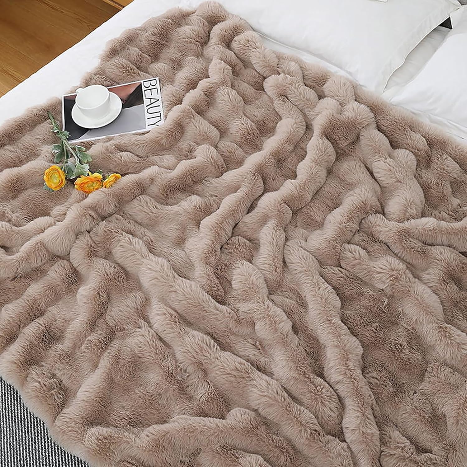 UKELER Faux Fur Throw Blanket Plush Thick Fleece Blanket Fluffy Cozy Soft Warm Blankets Throws for Bed, Couch, Sofa, Office, Camping 50''x60'' Camel - Image 9