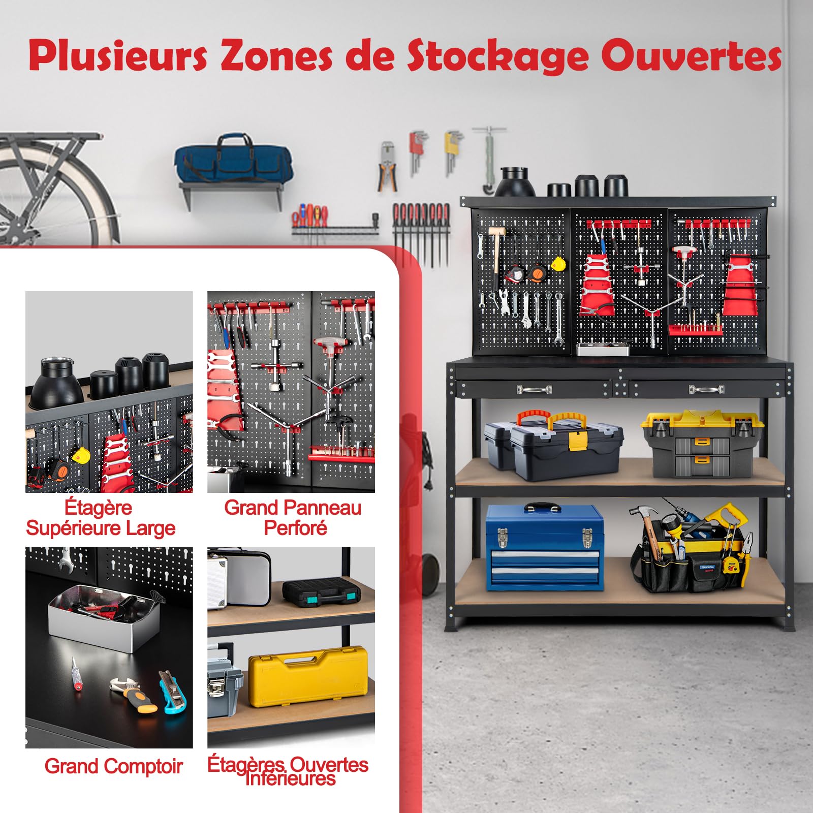 GYMAX Établi Atelier Garage 121x61x156cm, 25 Accessoires de Suspension Inclus, Panneau Perforé, 2 Tiroirs, Etagères de Rangement, Organisateur d'Outils, Table de Travail Bricoleur