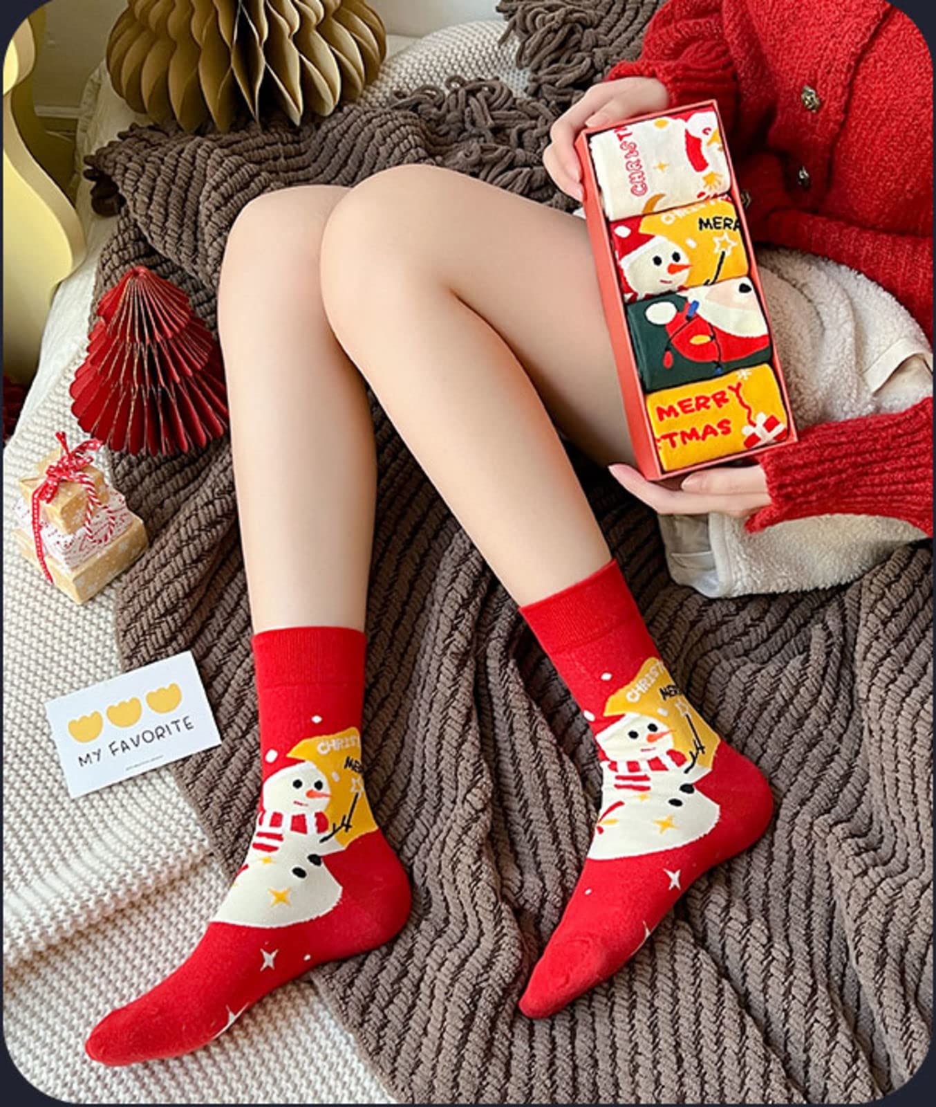NIBHZ Calcetines Divertidos Calcetines de Navidad para Hombres, Mujeres, Coloridos, Divertidos, Novedad, Calcetines Estampados, 4 Pares,Red-One Size