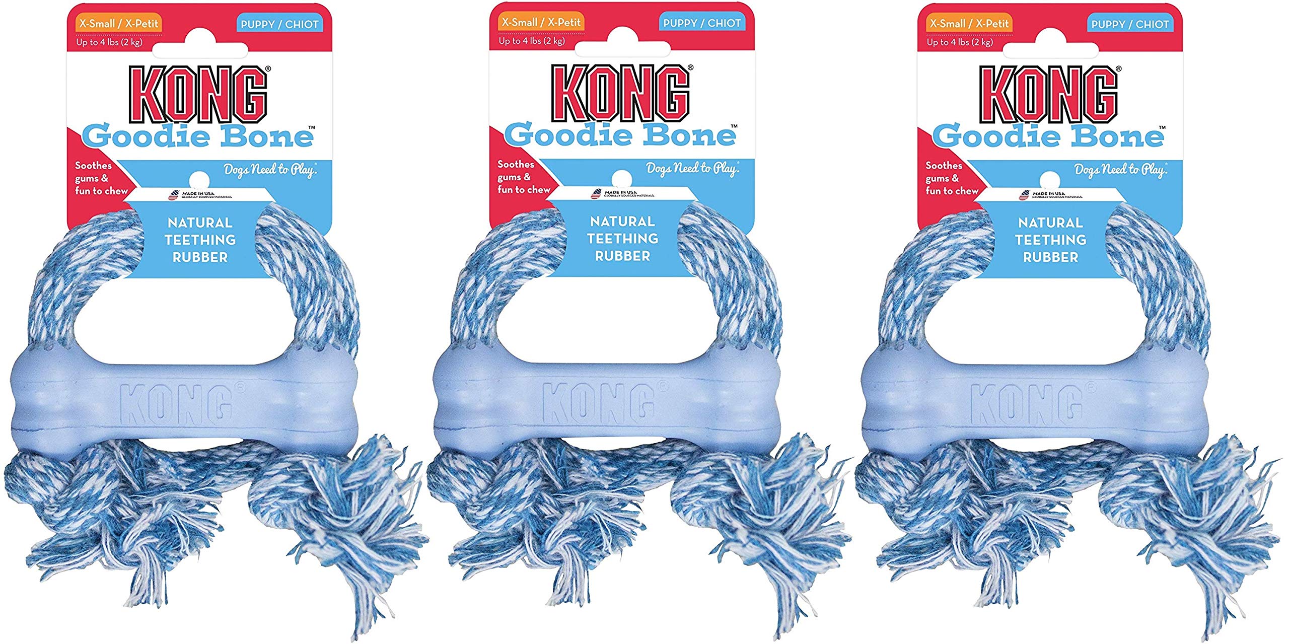 KONG 3 Pack of Puppy Goodie Bone with Rope Dog Toys, X-Small, Assorted Colors, Made in The USA