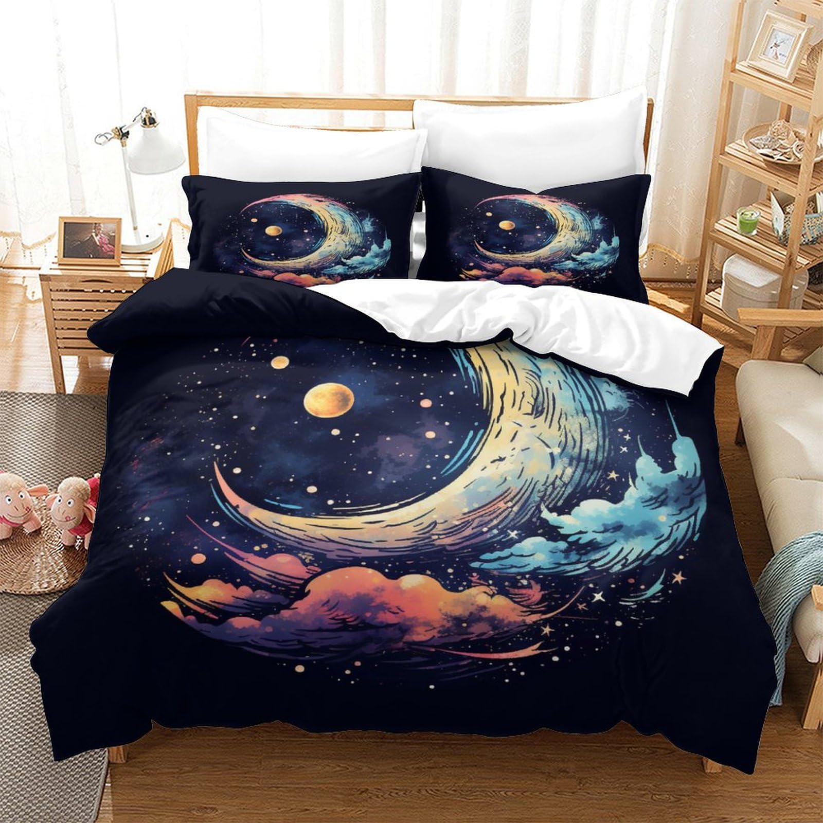 P1S9U7W5Y Celestial Moon 3D Printed Duvet Cover Set 3pcs Microfiber Cloud Bedding Set King