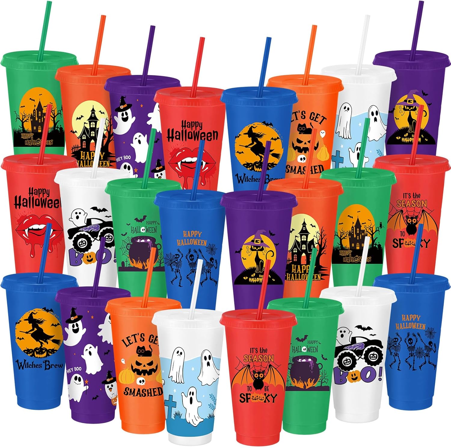 Umigy 24 Pcs Halloween Cups Halloween Plastic Party 24 oz Reusable Cups with Lids and Straws in 6 Colors Different Themes Plastic Tumblers for Party Decor Supplies(Stylish Style)