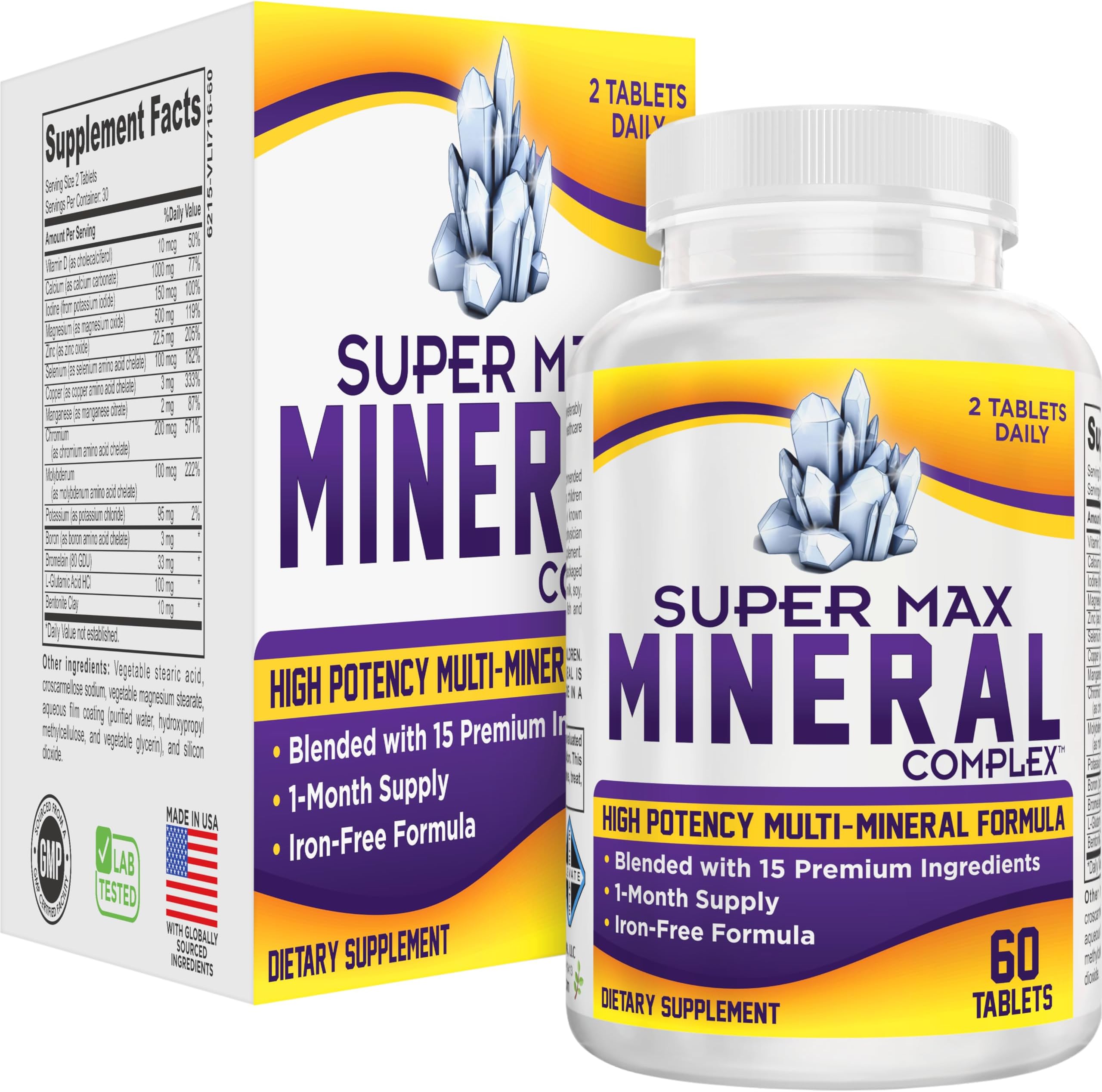 Elevate Recovery Supplements SuperMAX Multi Minerals (All-in-1) Complex Iron Free with 72 Trace Minerals/Multiminerals/Mineral s/Natural Multimineral Formula - 60 Tablets