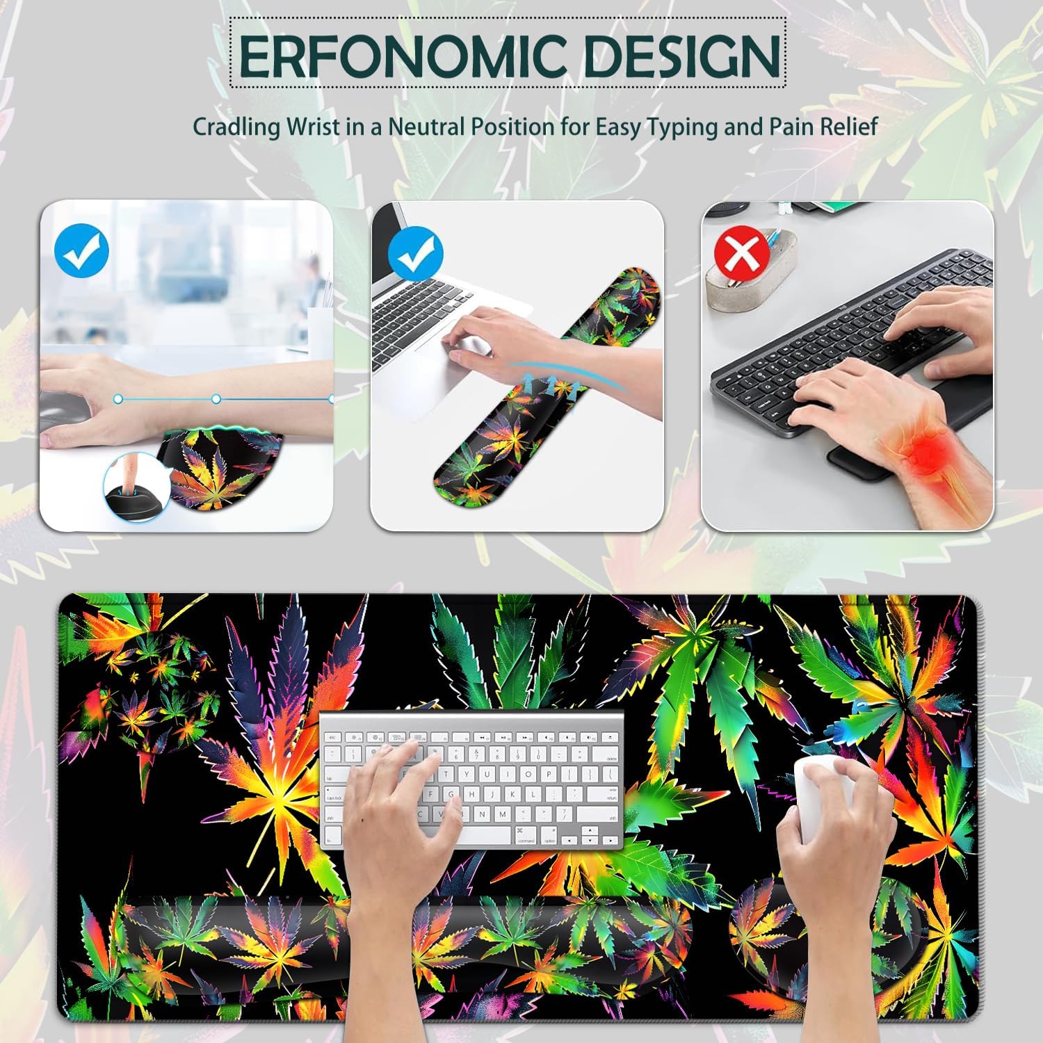 JVGFYNKL Large Gaming Mouse Pad Set, Ergonomic Memory Foam Keyboard Wrist Rest Support + Mouse Wrist Rest + Extended Desk Mat with Non-Slip Rubber Base, Colored Weeds Pattern Black Desk Pad