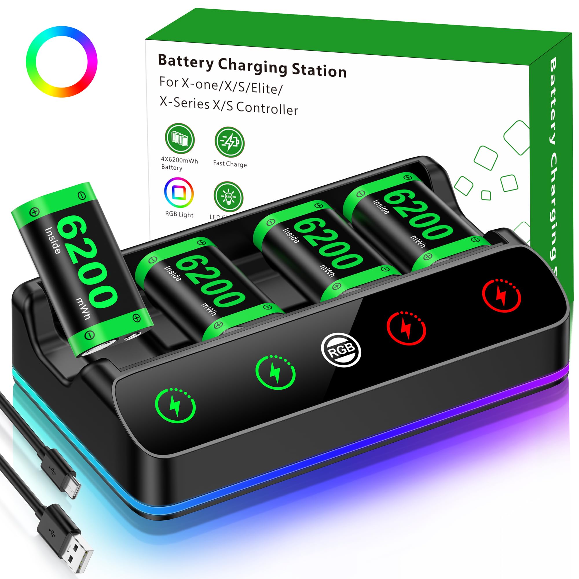4X 6200 mWh Akku für Xbox One/Series S/X Controller, Ladestation mit coolem RGB-Licht, wiederaufladbares Akkupack kompatibel mit Xbox Series X|S/S/X/Elite Wireless Controller