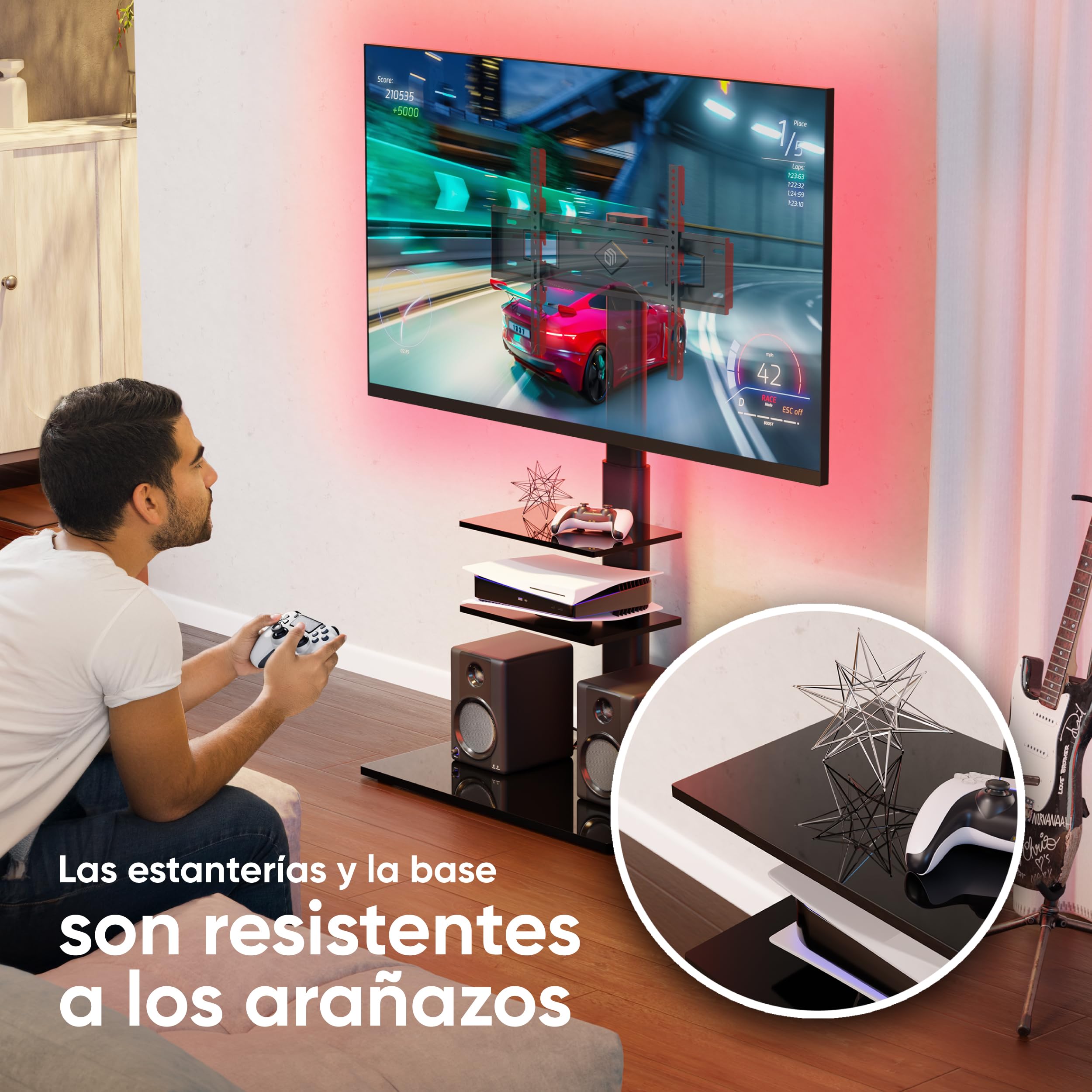 ONKRON Soporte para TV de 32 a 65 Pulgadas – Soporte de TV de pie de Color Negro con Carga Total 40 kg – Pie TV Universal máx. VESA 600 x 400 mm – Soporte para televisión con estantes TS5550-B