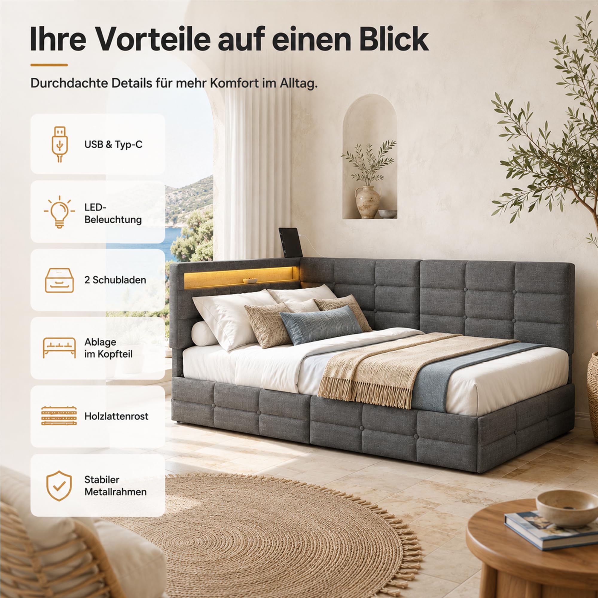 DULRLLY sofa do spania 90 x 200 cm z półką do przechowywania, tapicerowana sofa z oświetleniem LED i portami USB, nowoczesne łóżko piętrowe dla 1 osoby, wielofunkcyjne łóżko 90x200 z stelażem, pościel