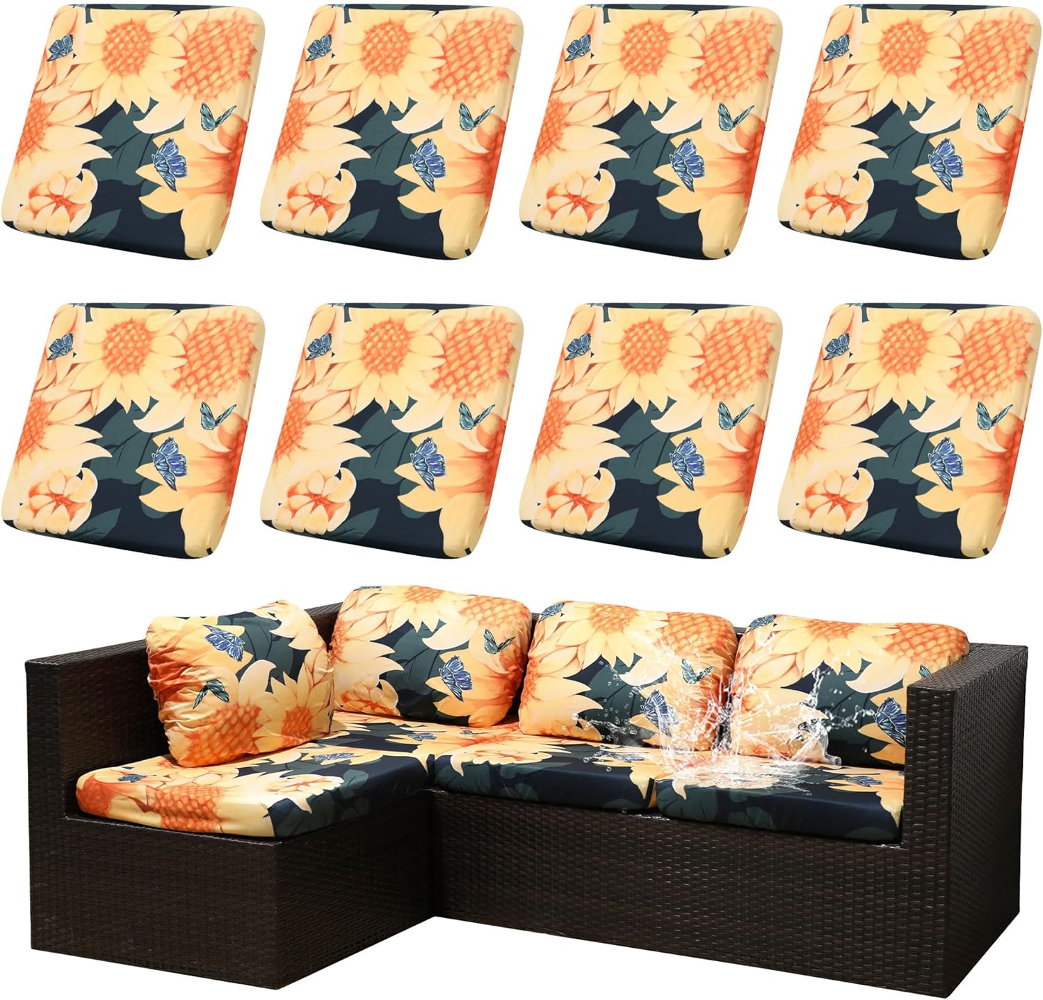 Outdoor Cushion Covers Set,8PCS Waterproof Patio Furniture Couch Seat Slipcovers, Replacement for Sofa Sectional Chair(Cover，Only)