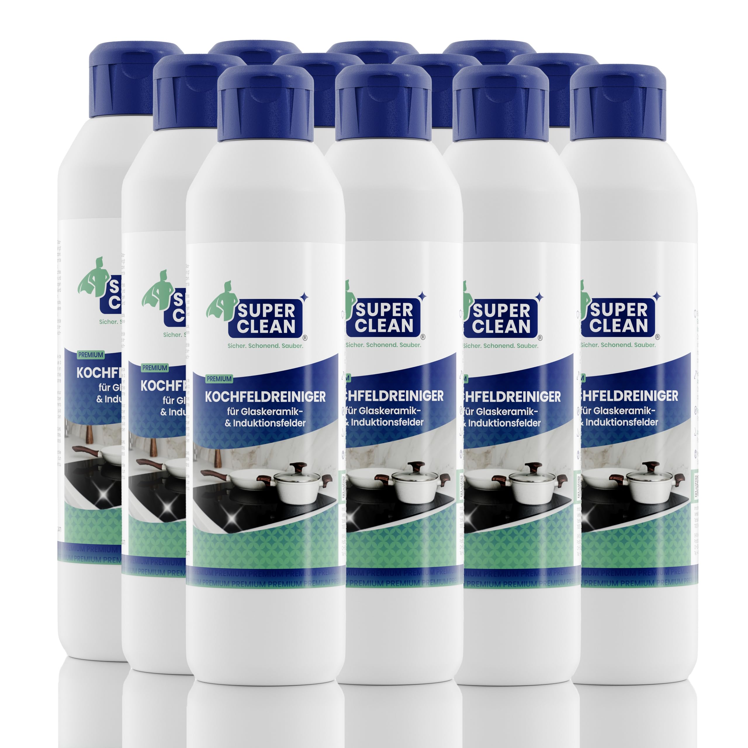 SUPER CLEAN Limpiador para placas vitrocerámicas e inducción | 12 × 250 ml | Limpieza y cuidado brillante – elimina grasa y restos quemados | Sin etiquetar, ecológico