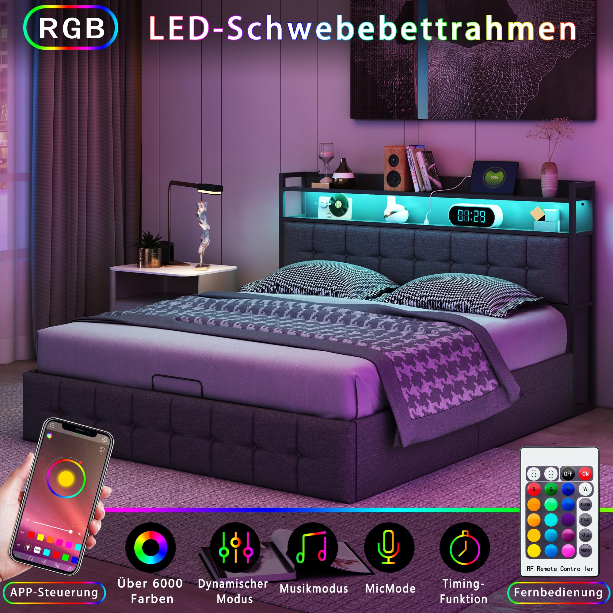 Letto imbottito 140 x 190 cm con spazio e rete a doghe, letto matrimoniale idraulico con funzione di ricarica USB e testiera LED, per adulti e ragazzi (nero+lino, 140 x 190 cm)