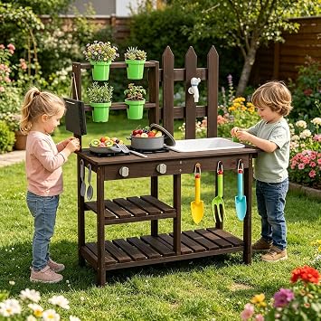 LALAHO Wooden Mud Kitchen for Kids with Toy Sink, Plant Pots