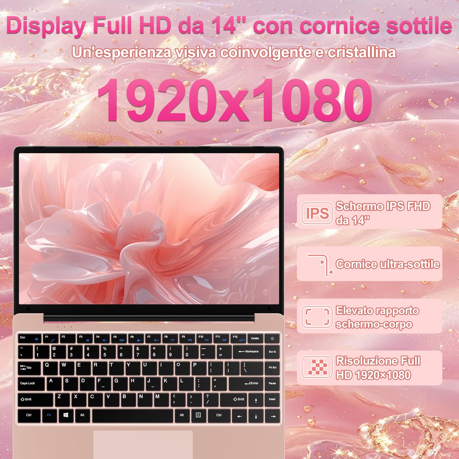 bvate PC Portatile 14 Pollici Notebook Win 11 Computer 256GB 1080P 2.4G+5G Supporta La Scheda SSD La Scheda TF Estesa, Wireless Bluetooth Mouse Wifi, Italiana Tastiera - Oro rosa-1