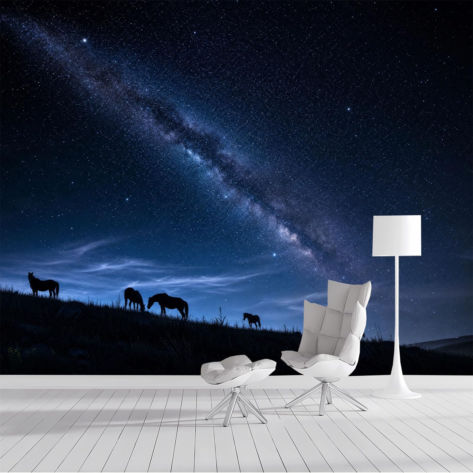 Papier peint panoramique pour nursery et chambre d'enfant avec motif cheval féerique et galaxie