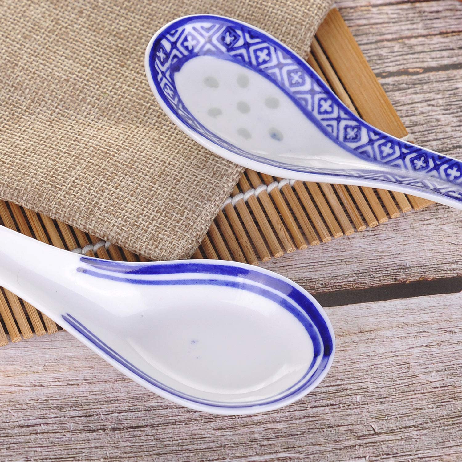 Lot De 2 Cuillères à Soupe Japonaises En Céramique Bleue - Longueur 13 Cm, Fond Antidérapant | Pour Ramen, Soupe Miso, Pho
