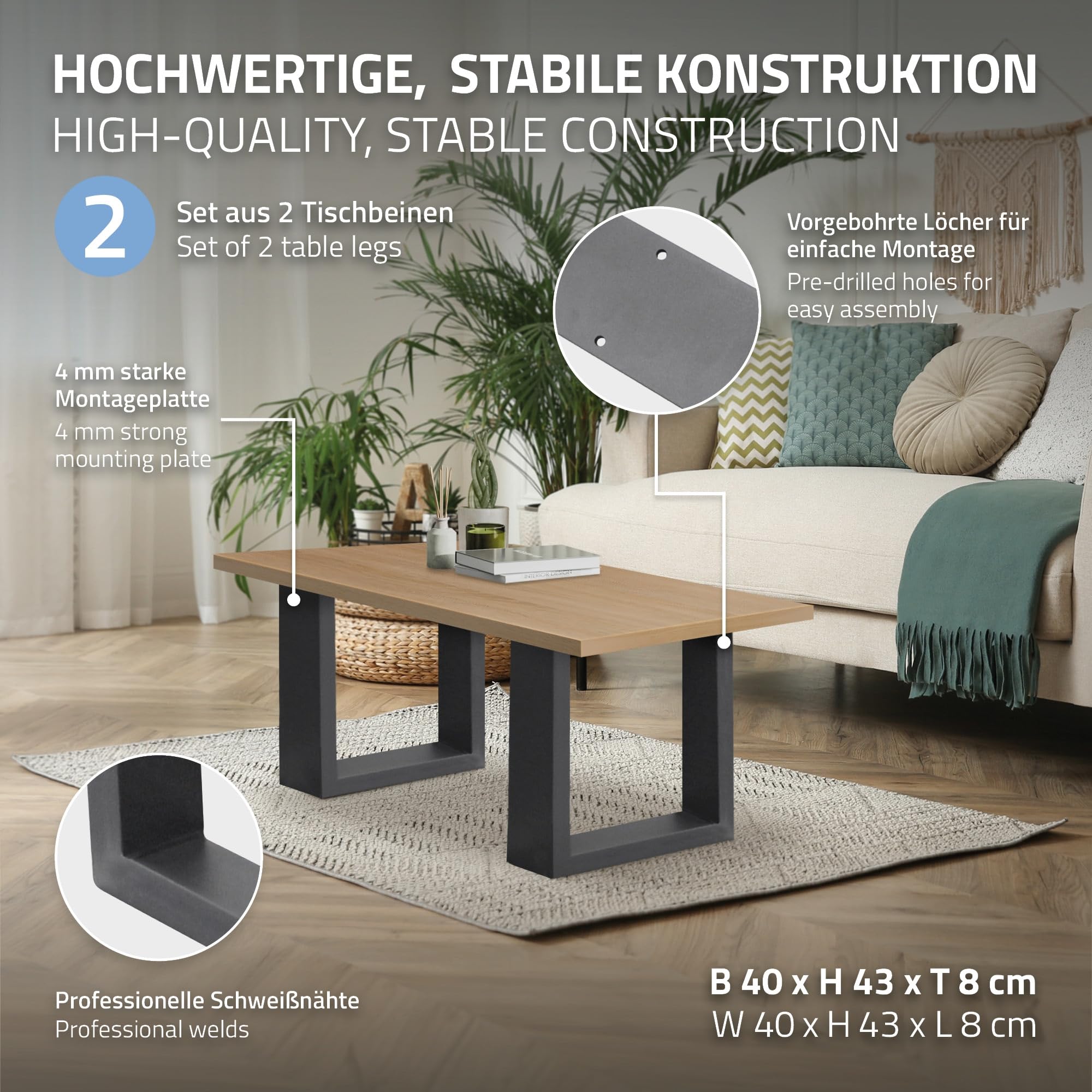 ECD Germany Set 2 Gambe per Tavolo in Acciaio Antracite Struttura Telaio per Panca 40 x 43 cm Design Stile Industriale Piedi Tavolino da Salotto Base Cornice Rettangolare Guide in Metallo per Panchine