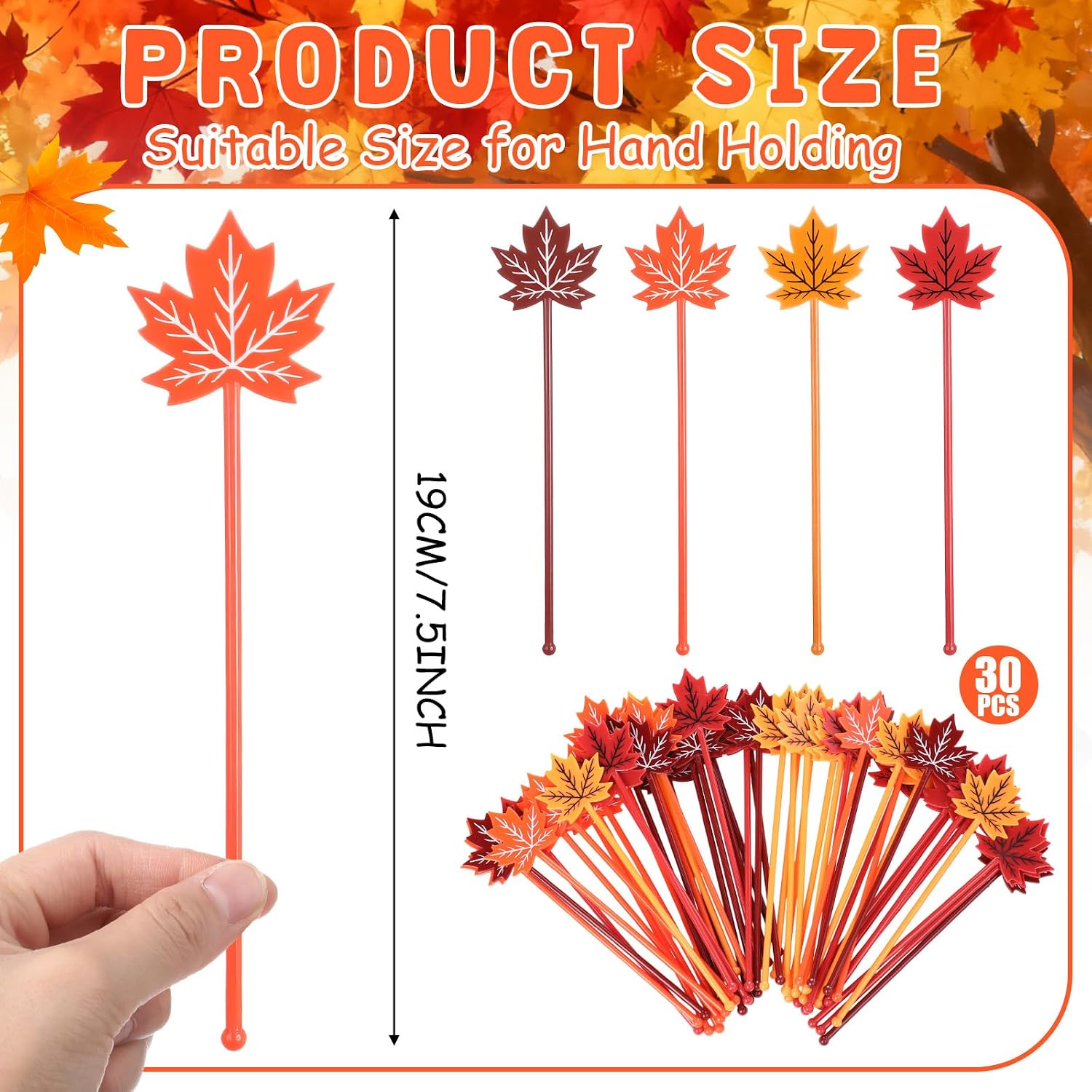 Bokon 30 Pcs Fall Coffee Stirrers Maple Leaf Swizzle Sticks, Orange, Red