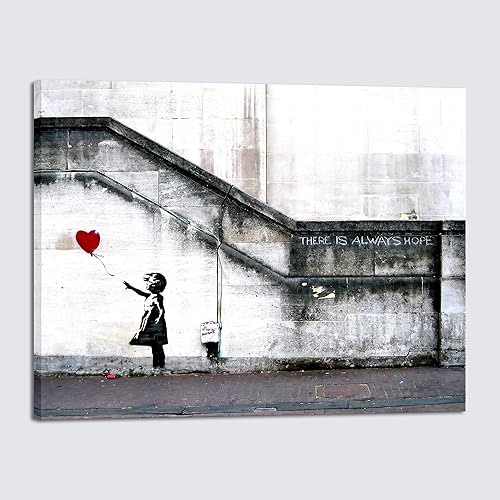 Vista 38 de Wieco Art Lienzo enmarcado para pared, impresiones en lienzo Giclée de Banksy Grafitti Girl con globo rojo, ilustraciones abstractas para decoración