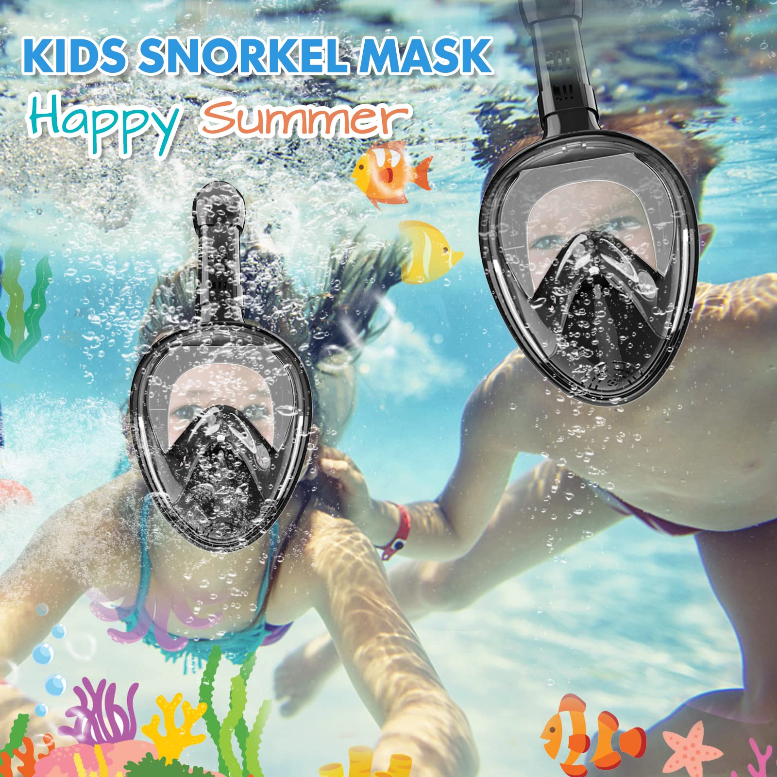 Delavala Snorkel Mask - Kids (Black - S/M) Full Face, Snorkeling Gear for Kids 2-14 with Camera Mount, 180 Degree Panoramic View Snorkeling Set Anti-Fog Anti-Leak with Safety Breathing System 2