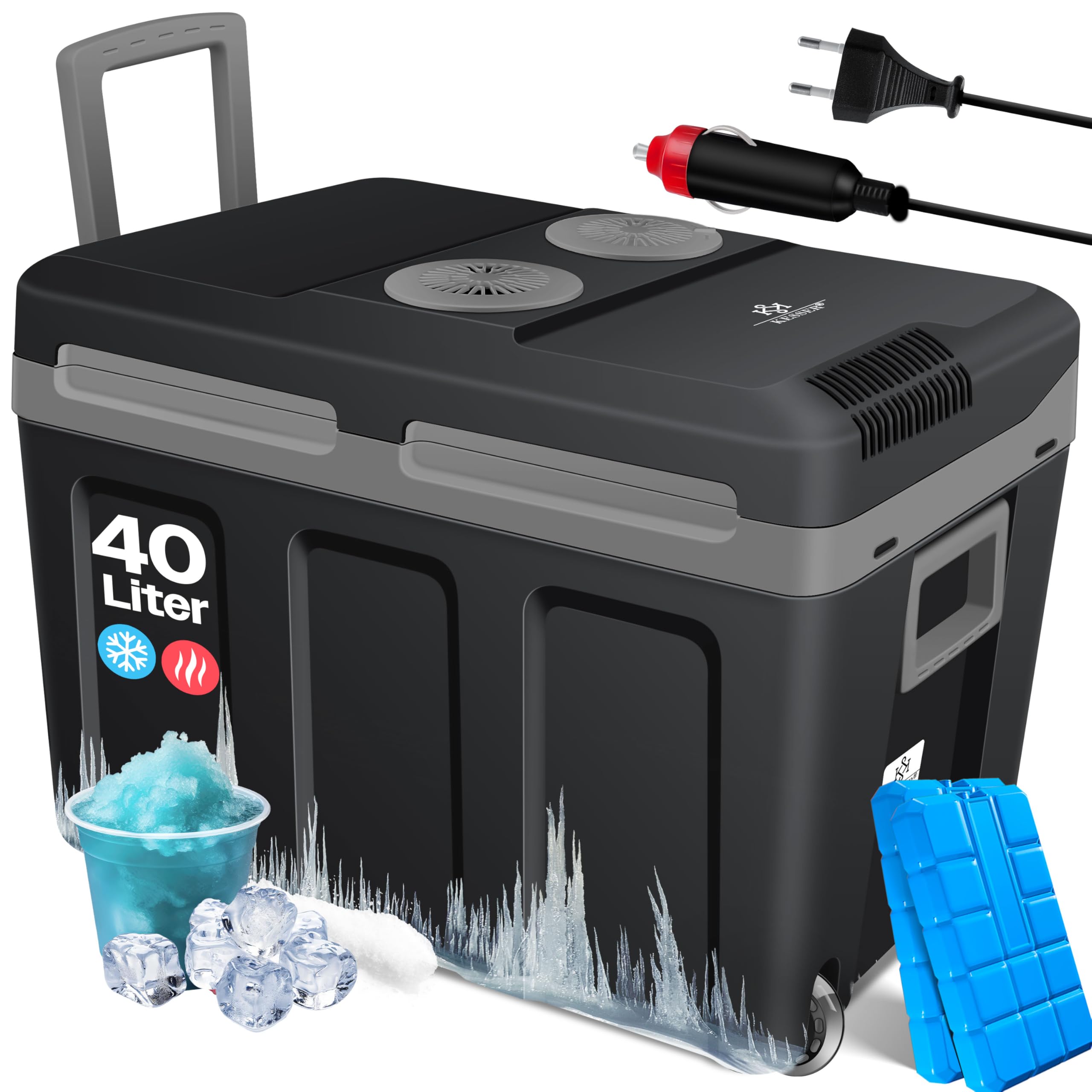 KESSER® Nevera eléctrica portátil 40L con ruedas | Calienta y enfría | Termoeléctrica | Mini nevera | 12V y 230V | Para coche, camping y enchufe | Modo ECO | Incluye acumuladores de frío