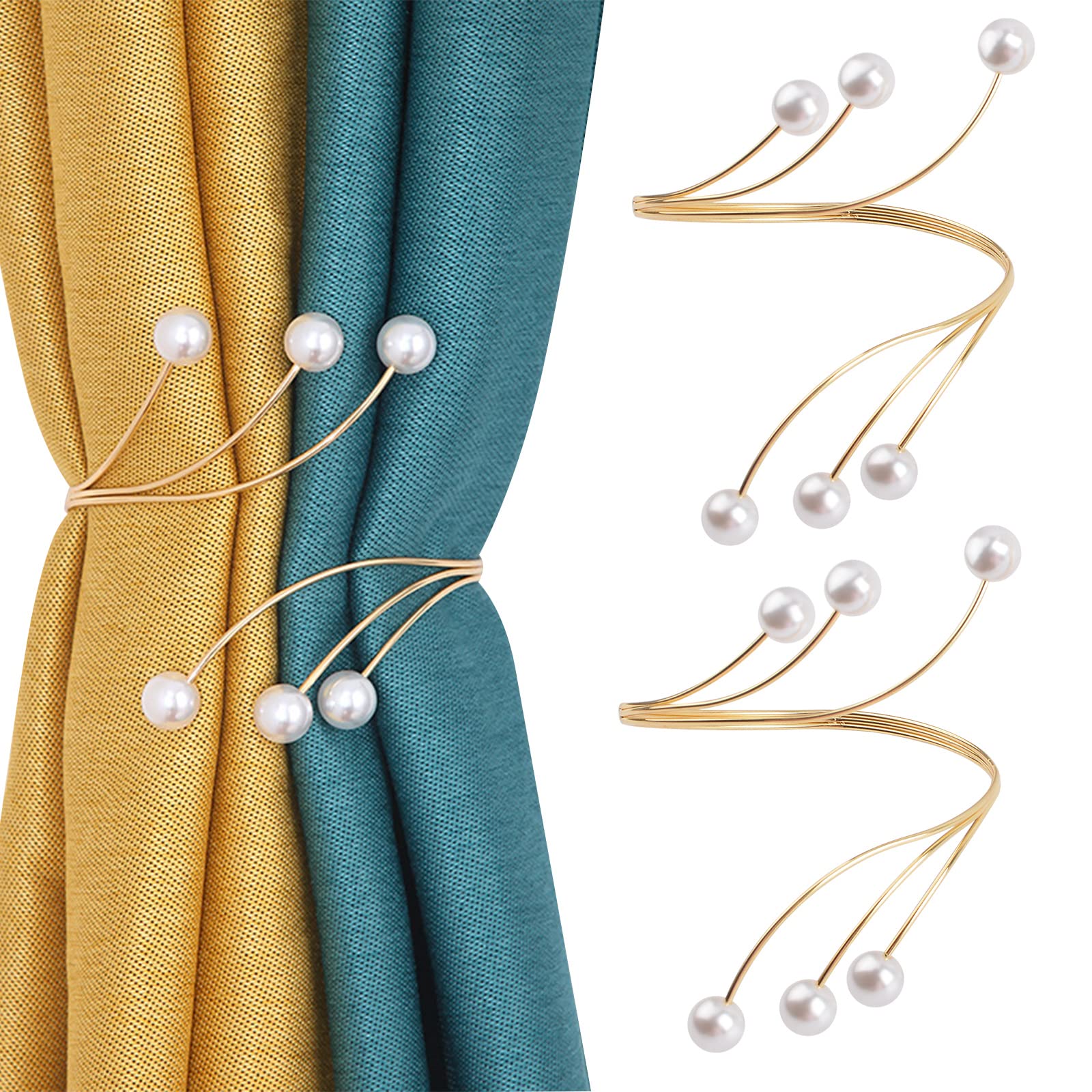 UFURMATE Curtain Tiebacks, 2Pcs Metal Creative Curtain Holdbacks Decorative Multi-Layer Pearls Curtain Tiebacks Drape Holder Clip for Home Office (