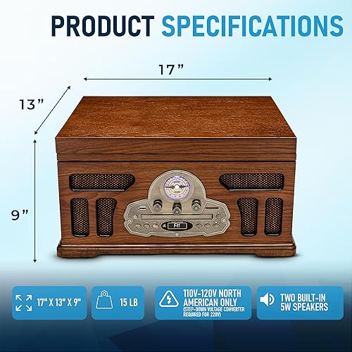 Miniatura 6 de SoundBeast Tocadiscos todo en uno con reproductor de discos de 3 velocidades, Bluetooth, CD, cinta de casete, radio AMFM, USB, altavoces integrados,