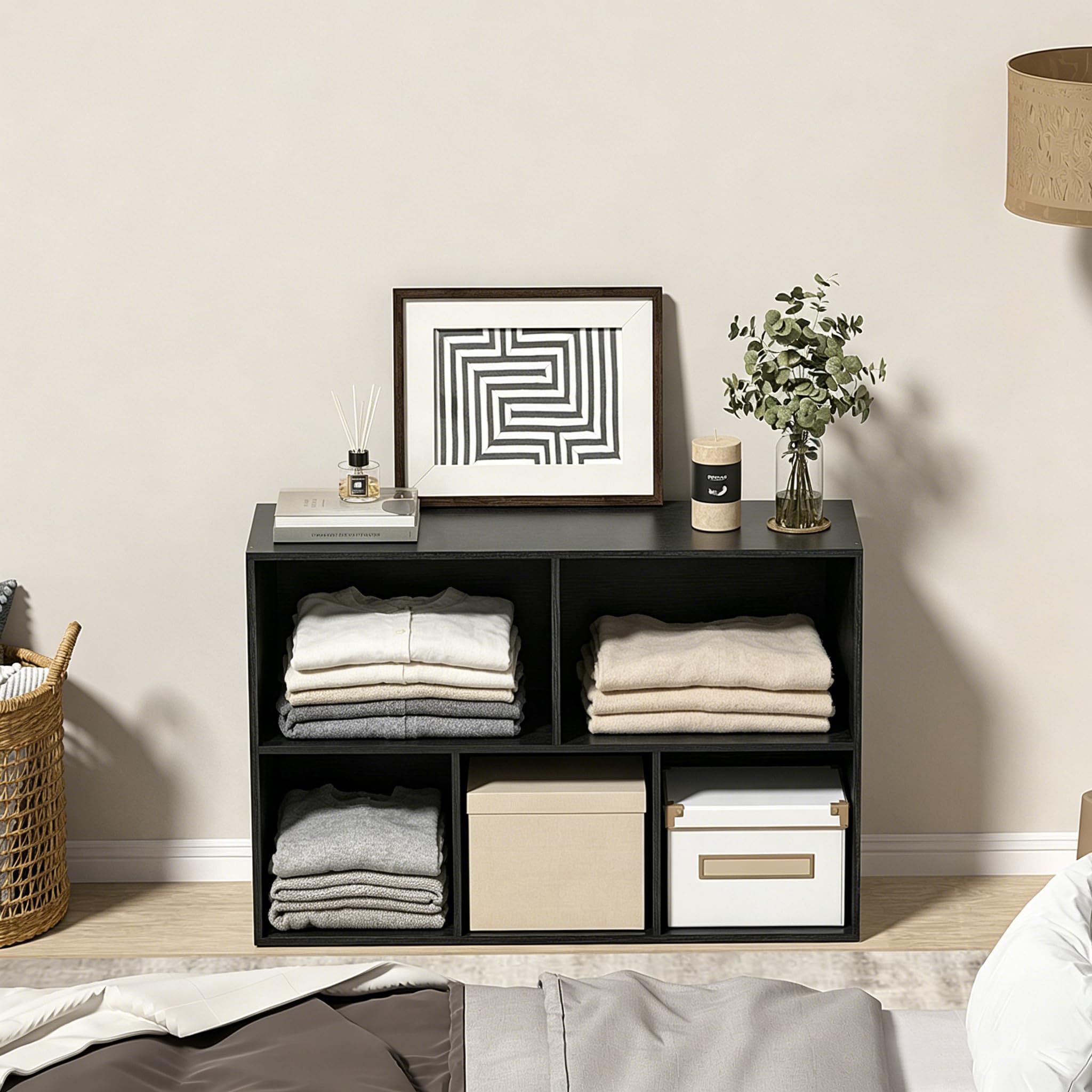 Organiseur de Rangement en Bois à 5 Cubes avec Panneau arrière fermé, étagères cubiques Blanches avec Compartiments pour Le Salon (Noir, 5 Cubes)