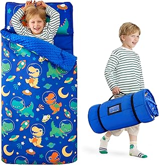 Toddler Sleeping Bag for Kids 55''x30'' Nap Mat with Removable Pillow and Minky Blanket for Toddler Ages 3-7 Roll Up Soft Kids Sleeping Bag for Boys Girls Kindergarten Daycare Sleepover