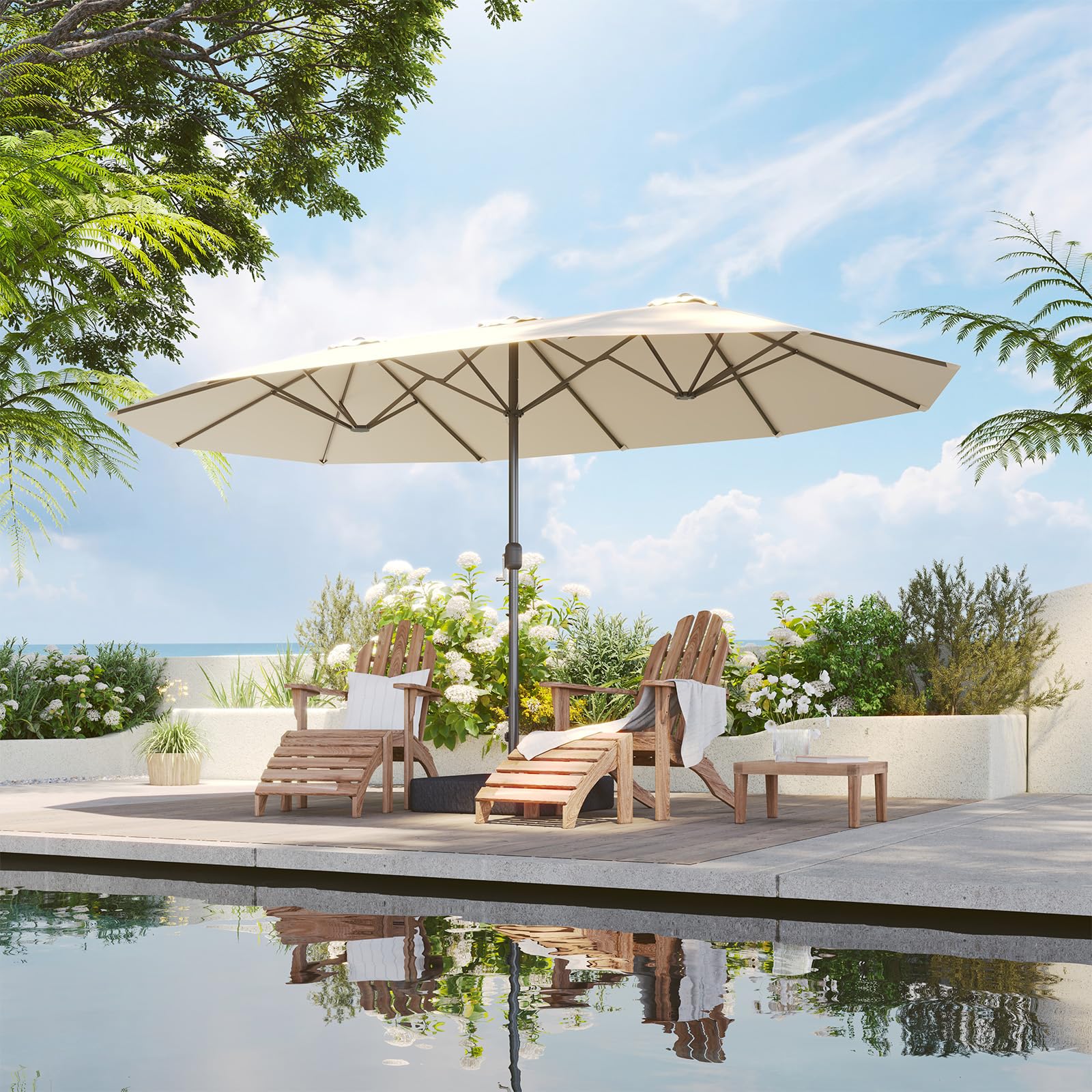 Aoxun Sonnenschirm Mit Basis 455x267 cm UV Schutz Schutzhülle Kurbel Stabil Groß Garten Terrasse Balkon Doppelter Marktschirm Gartenschirm, Parasol Windfest, cremefarben