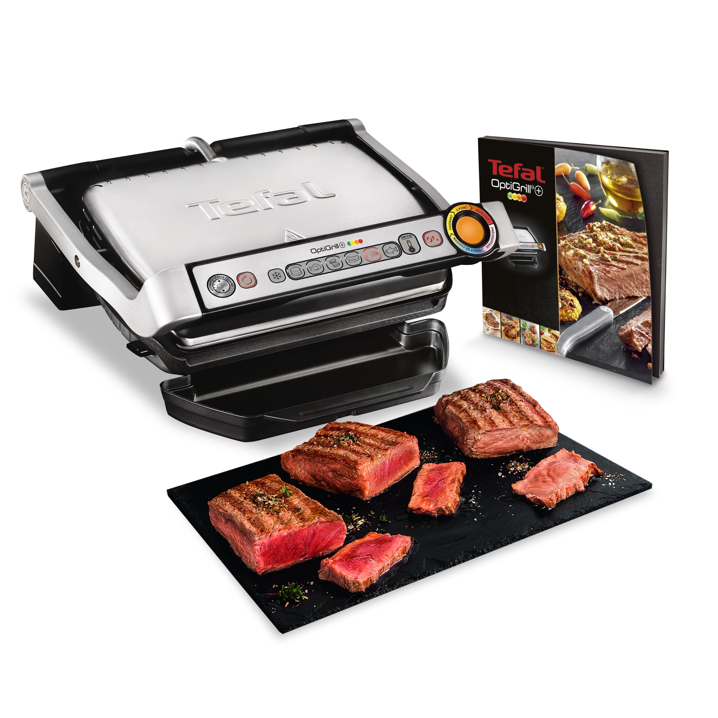 Tefal GC712D12 Fry top da cucina, 7 modalità di cottura, Indicatore di avanzamento, Sensore di spessore, Teglie estraibili ed estraibili, 2000 W, Alluminio, Nero, Area grill standard (33 x 20 cm)