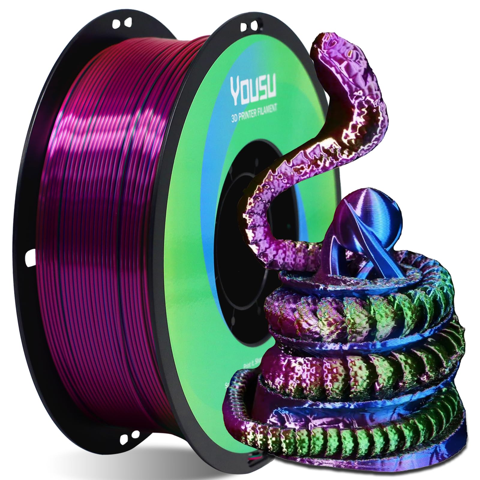 YOUSU Tri Color PLA 3D Printer Filament 1.75mm, Coextrusion Rainbow PLA Filament with Silk PLA Pink-Blue-Green, Multi Color 3D Printing Filament +/-0.02mm, 1kg/2.2lbs