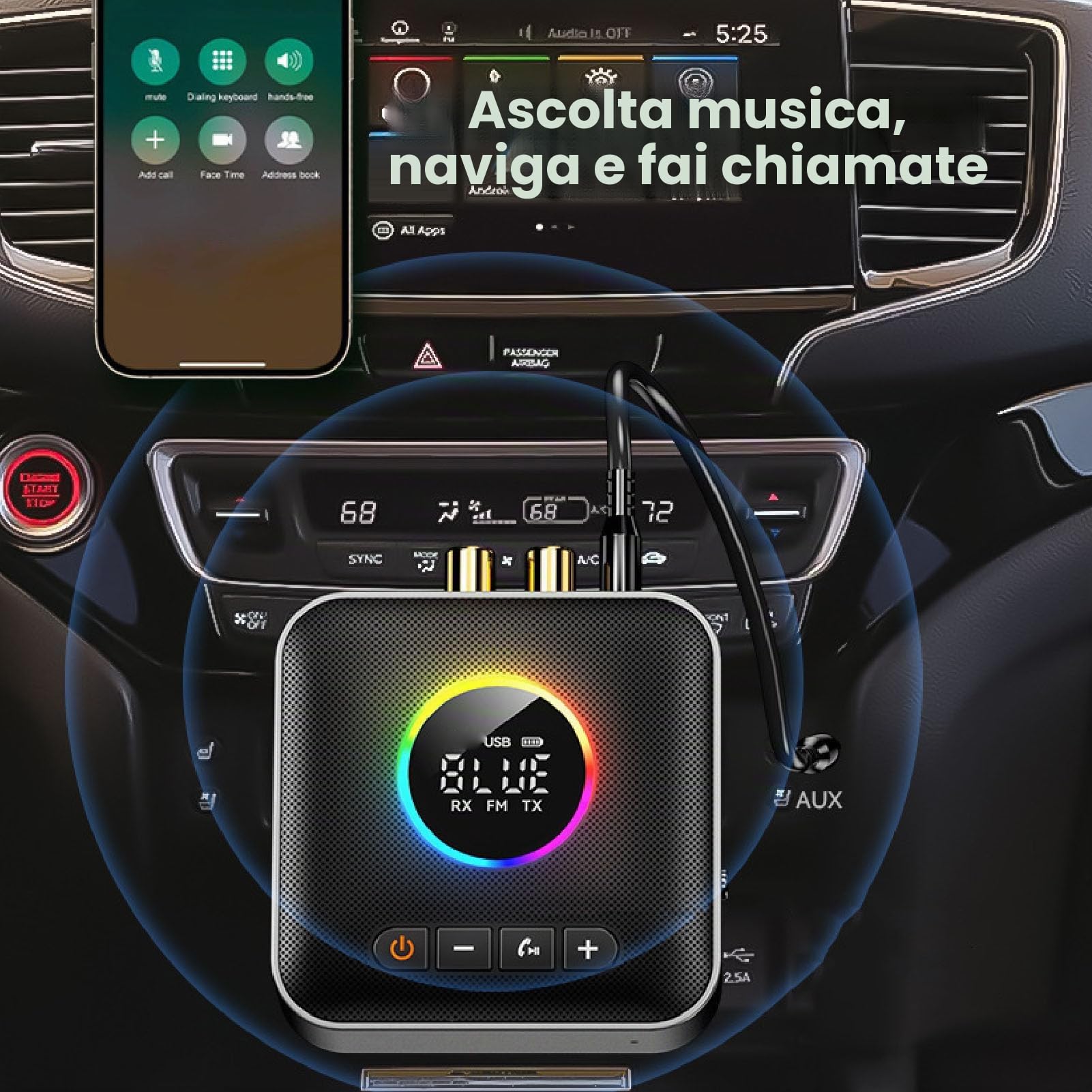 Ricevitore Trasmettitore Bluetooth 6.0 per TV, Adattatore Audio Wireless 3 in 1 con Trasmettitore FM, Display Digitale a LED, USB AUX da 3,5 Mm per Stereo Domestico, Luce RGB