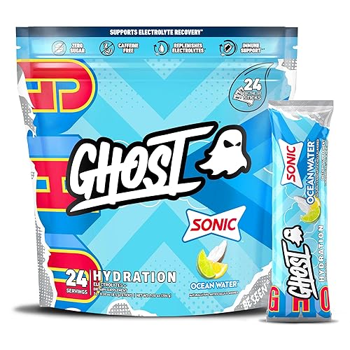 GHOST Hydration Packets, Sonic Ocean Water, 24 Sticks, Electrolyte Powder - Drink Mix Supplement with Magnesium, Potassium, Calcium, Vitamin C - Vegan, Free of Soy, Sugar & Gluten - Sonic Ocean Water (24 Sticks)