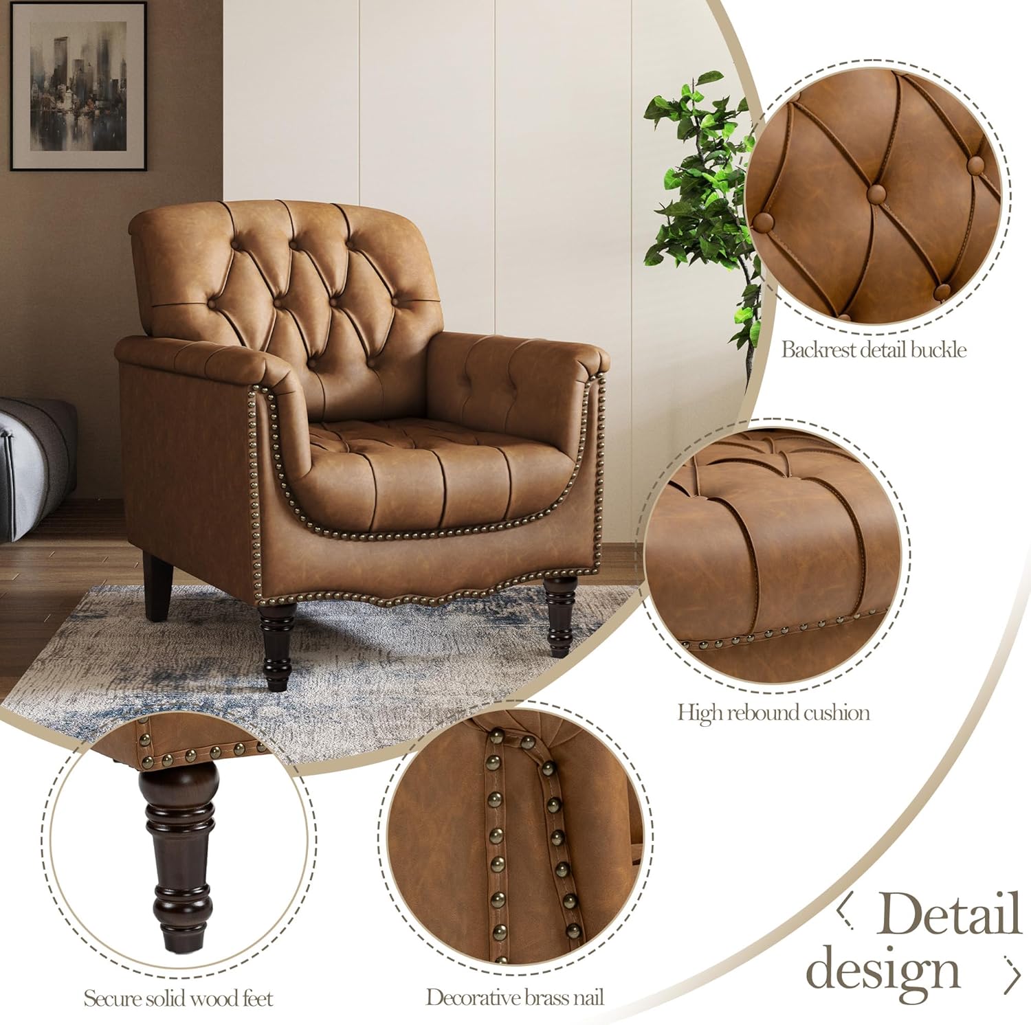 Pia Ricco Modern Tufted Accent Chair, Single Faux Leather Armchair with Nailhead Trim & Wood Legs, Comfortable Upholstered Seat for Living Room, Office - Camel