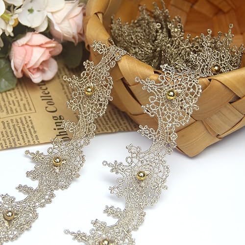 Miniatura 1 de Cinta dorada para manualidades, cinta de encaje dorada con cuentas, cinta de tela dorada, borde dorado con cuentas para coser, bricolaje, vestidos,