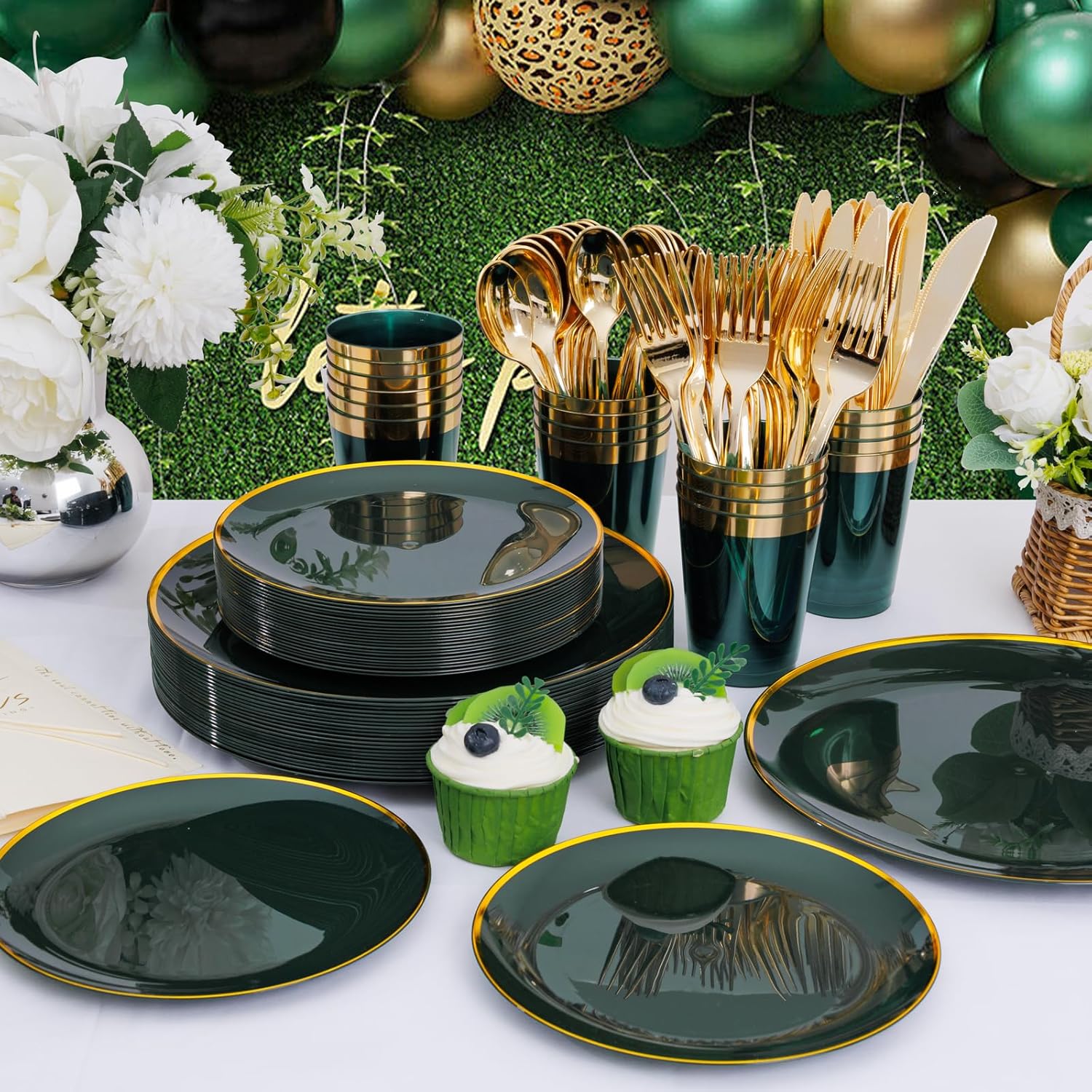 LIYH 180 Pcs Green and Gold Plastic Plates - Green Disposable Dinnerware Sets Dinner Dessert Plates, Gold Plastic Silverware Cups for Holiday Party Birthday