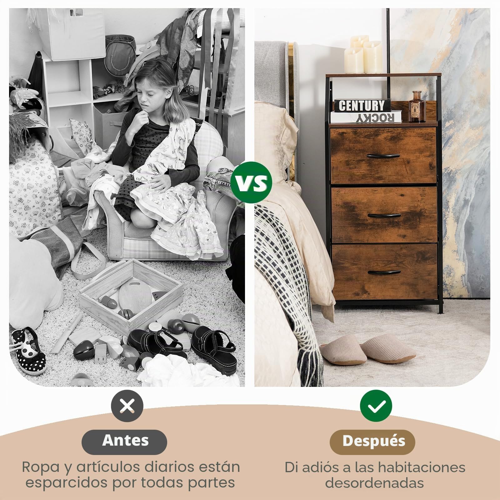 HOMASIS Mueble organizador con 3 cajones y 2 estantes, mesita de noche de madera y metal, para salón, dormitorio, cómoda de diseño industrial, 45 x 29,5 x 92 cm, marrón, TJ10060MPDE
