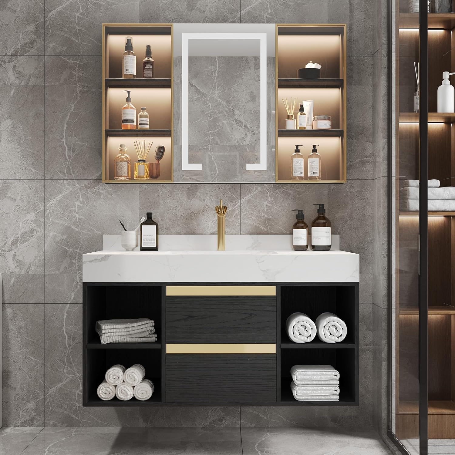 40" Floating Bathroom Vanity Set with Ceramic Sink 2 Drawers & Open Shelves (White & Black)