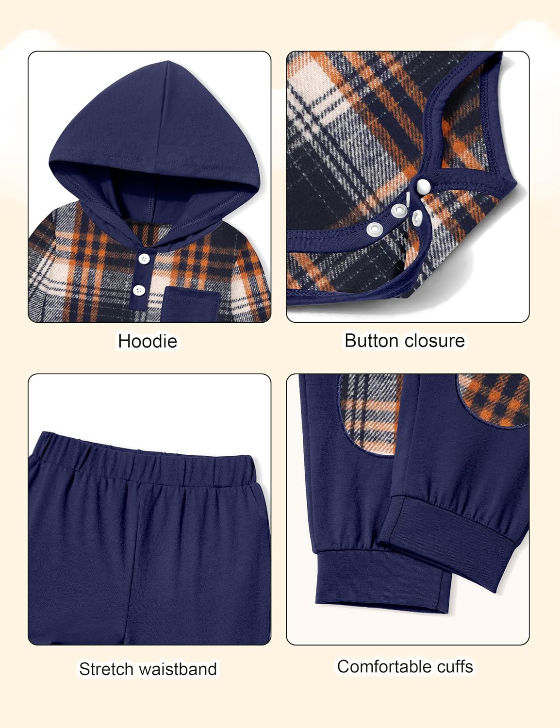 Fommy Baby Boy Clothes Flannel Plaid Outfits Long Sleeve Hoodie Romper Fall Winter 2 Pcs Clothes for Boy - Image 5