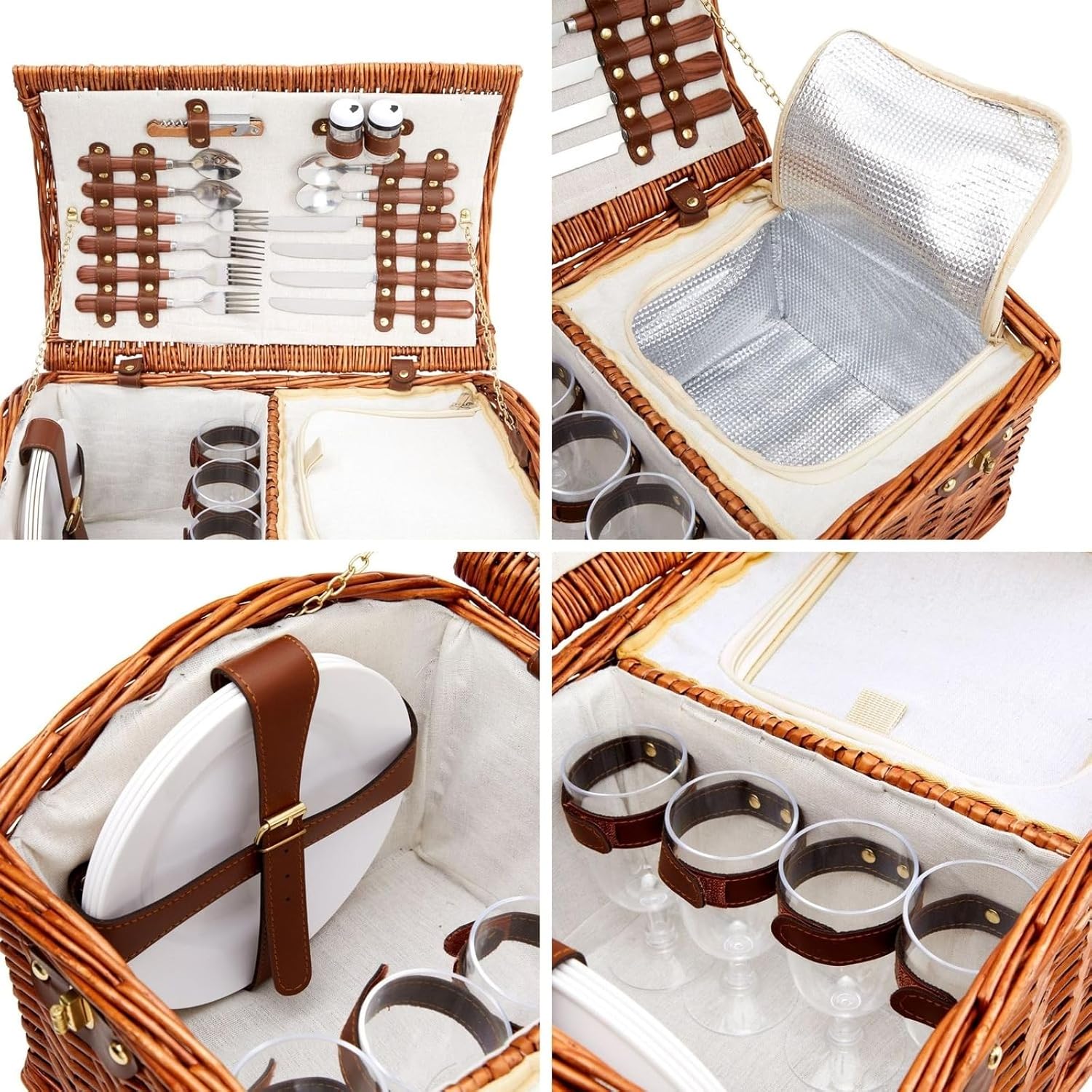 Juvale Picnic Basket for 4 People - 18.1 x 12.2 x 10.2 Inches, Brown, Classic - Complete Wicker Picnic Basket Set with Cooler Bag, Dishes, Utensils & Glasses - Image 8